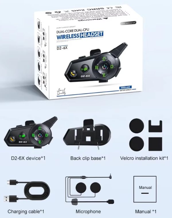 Безжичен интерком за мотоциклетна каска - Bluetooth - D2-6X - 811665